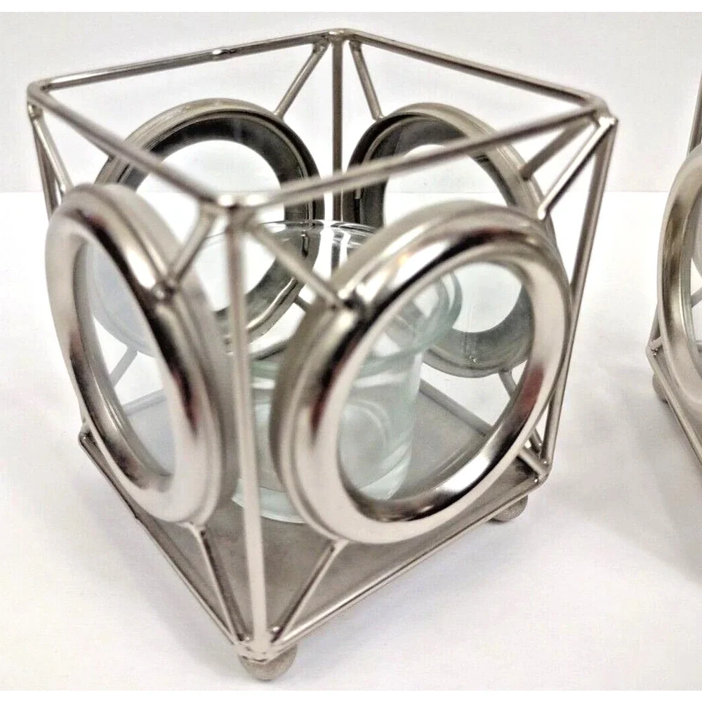 Metal and Glass Square Candle Holders 4 Sided Chrome Zodax Set Of 2 India